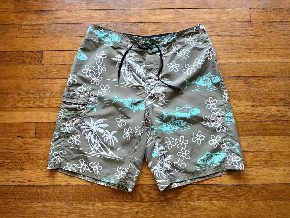 COLUMBIA PFG Omni-Shade 'Fish Responsibly' Green Swim Shorts Mens sz 38